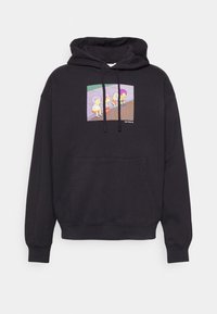 Czarna bluza z kapturem wykonana z bawełny, z przednią kieszenią i regulowanym kapturem. Na klatce piersiowej znajduje się kolorowa grafika w stylu kreskówkowym.