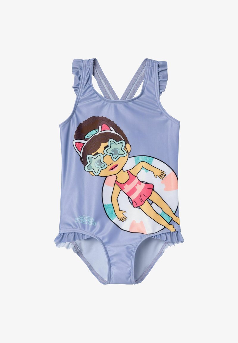 Maillot de bain une pièce violet clair avec des épaules et un ourlet à volants, arborant une fille de dessin animé portant des lunettes en forme d'étoile et un bandeau avec des oreilles de chat flottant sur un anneau.