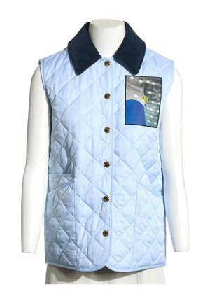 Veste matelassée sans manches bleu clair avec col foncé, boutons dorés sur le devant, deux poches et un petit motif carré sur la poitrine.