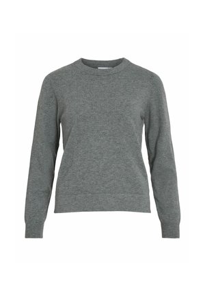 Pulover gri cu mâneci lungi și guler rotund, confecționat dintr-un material moale, având guler și manșete cu dantelă, și caracterizându-se printr-o croială clasică și lejeră.