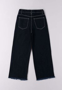 Zwarte wijde jeans met een rafelige zoom, twee achterzakken en contrasterende gele stiksels. Gemaakt van denimstof met een gestructureerd oppervlak.