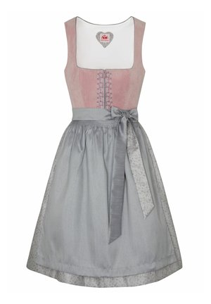 Robe traditionnelle dirndl avec un corsage rose pâle orné de lacets, et une jupe grise avec une ceinture texturée et un nœud assorti.