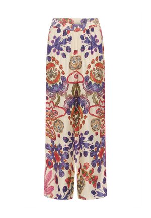 Platas kājas bikses ar elastīgu jostu, kurām ir krāsains abstrakts ziedu raksts sarkanā, purpura un zaļā krāsā uz krēmkrāsas fona.