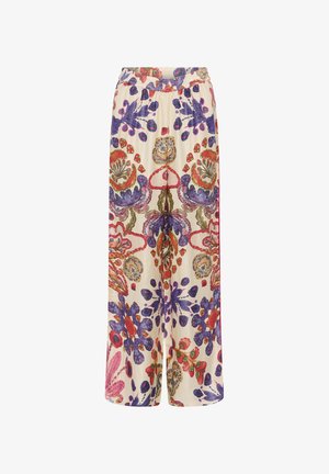 Laiad püksid elastse vöökohtaga, millel on värvikas abstraktne lillemuster punases, lillakas ja rohelises toonis kreemja tausta peal.