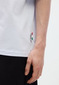 Άσπρο βαμβακερό μπλουζάκι με ίσια ραφή. Διαθέτει μια μικρή ετικέτα με λογότυπο με πράσινες, λευκές και κόκκινες ρίγες στην αριστερή πλευρά κοντά στη ραφή.