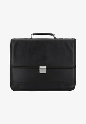 Valigetta in pelle nera con un design strutturato, dotata di chiusura con gancio in argento e manico superiore per un facile trasporto.