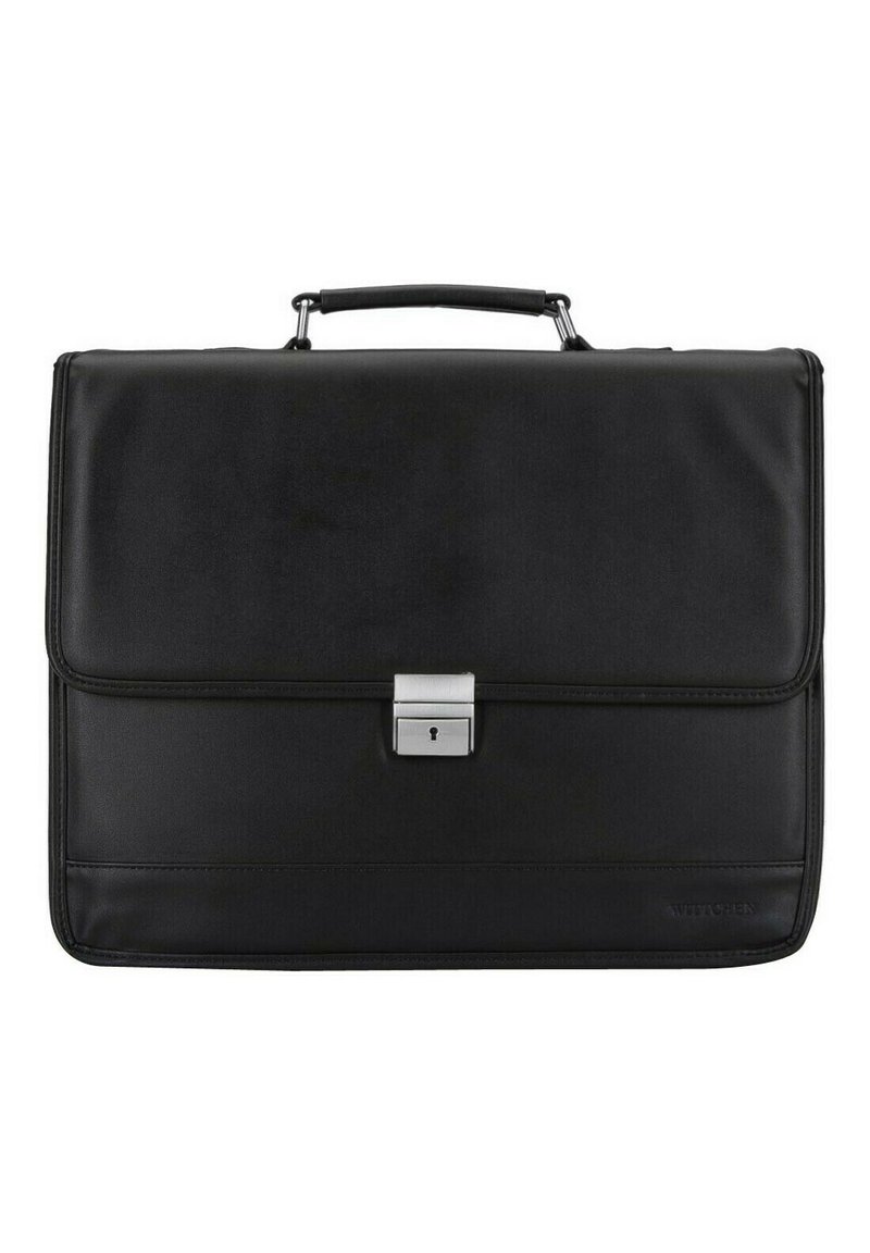 Maletín de cuero negro con un diseño estructurado, que cuenta con un cierre de pestillo plateado y un asa superior para un fácil transporte.