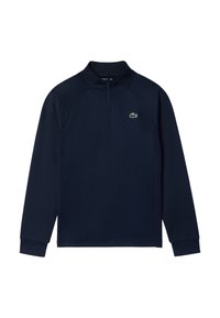 Sweater azul marino de cuello con media cremallera, que presenta un sutil patrón texturizado y un pequeño logo verde en el pecho.