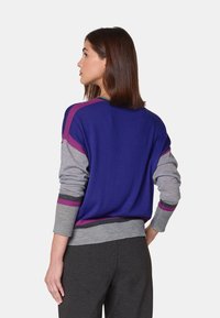 Strickpullover mit einem blauen Körper, grauen Ärmeln und rosa Akzenten. Ribbelbündchen und -saum sorgen für ein strukturiertes Finish.