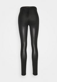 Zwarte, hoge taille leggings met een gladde, glanzende textuur. Ze hebben een strakke pasvorm en een enkel-lange snit zonder zichtbare naden.