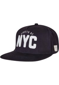 Căciulă bleumarin din material textil, cu o vârf plat. Textul brodat "STREETS OF NYC" este în alb. Etichetă pe lateral cu sigla brandului.