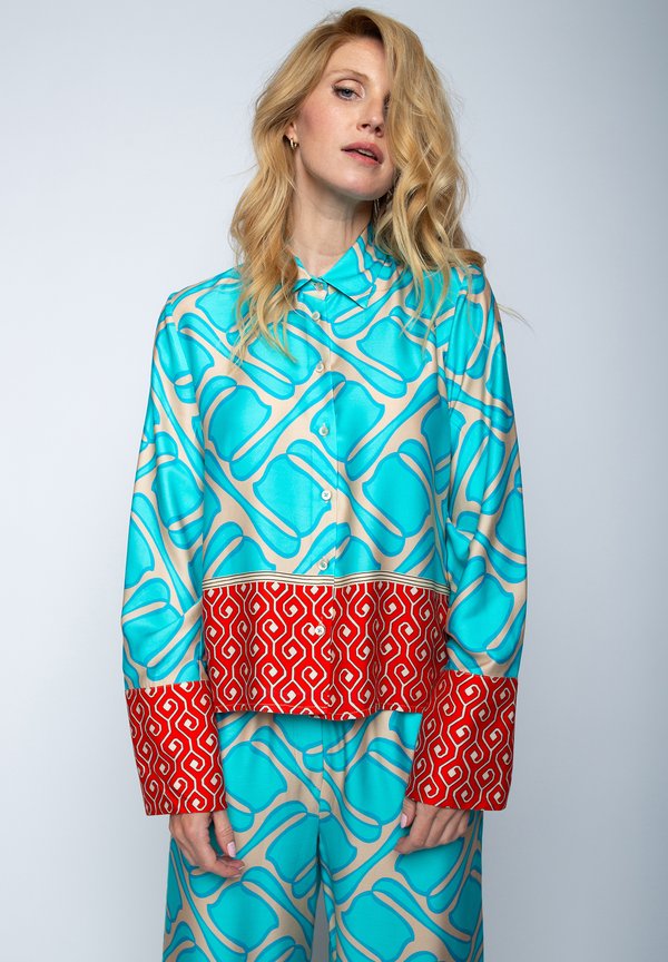 Hemdbluse - aqua coral border