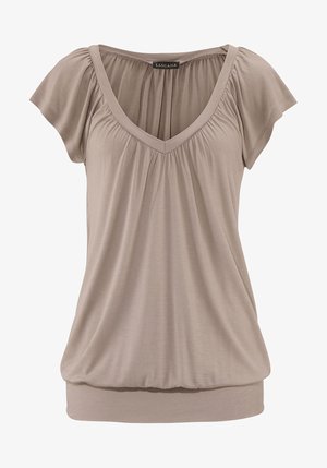 Beige V-Ausschnitt-Oberteil mit kurzen Puffärmeln, gerafftem Ausschnitt und lässiger Passform. Weicher Stoff mit leicht dehnbarem Material und geripptem Saum.