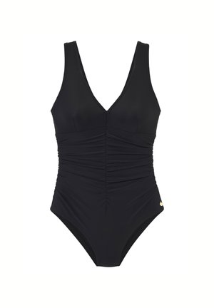 Black one-piece swimsuit with V-neck and ruched front detail, designed for a flattering fit.