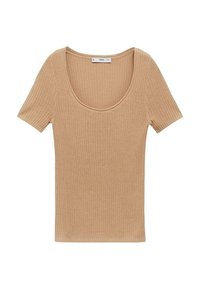 Haut beige en maille côtelée à manches courtes avec encolure dégagée et silhouette ajustée, posé à plat sur fond blanc.