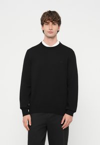 Czarny sweter z gładkiego dzianinowego materiału, z okrąg�łym dekoltem i długimi rękawami. Dyskretne logo na piersi, zestawiony z ciemnymi spodniami.