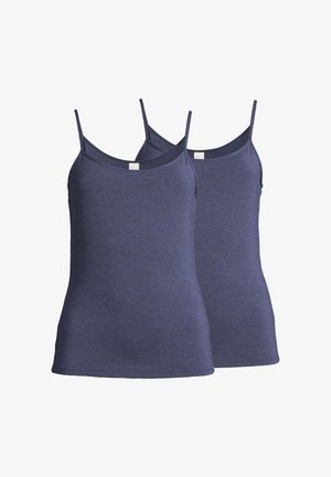 Deux caracos pour femmes en coton bleu marine avec fines bretelles, présentés de face avec l'un légèrement derrière l'autre.