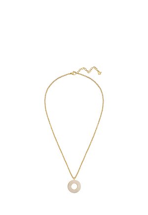 Collana a catena d'oro con un pendente circolare composto da cinque anelli concentrici, con chiusura regolabile e prolunga di lunghezza.