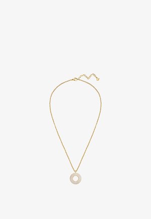 Goldene Halskette mit einem runden Anhänger aus fünf konzentrischen Ringen, mit verstellbarem Verschluss und Längenverlängerung.