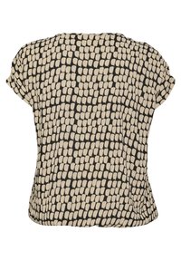 Kurzarmpullover aus leichtem Stoff mit einem schwarz-beigen abstrakten Muster. Rundhalsausschnitt, lockere Passform und abgerundeter Saum.