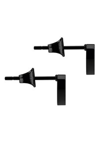 Boucles d'oreilles clous noires avec un design circulaire plat et une finition brillante, accentuées par un tige conique et un fermoir sécurisé.