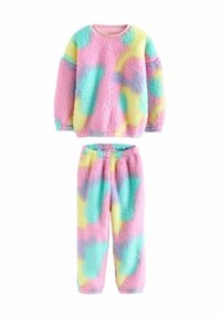 Set di abbigliamento loungewear colorato e morbido con un motivo astratto pastello nei toni di rosa, blu, giallo e verde; texture del tessuto morbida.