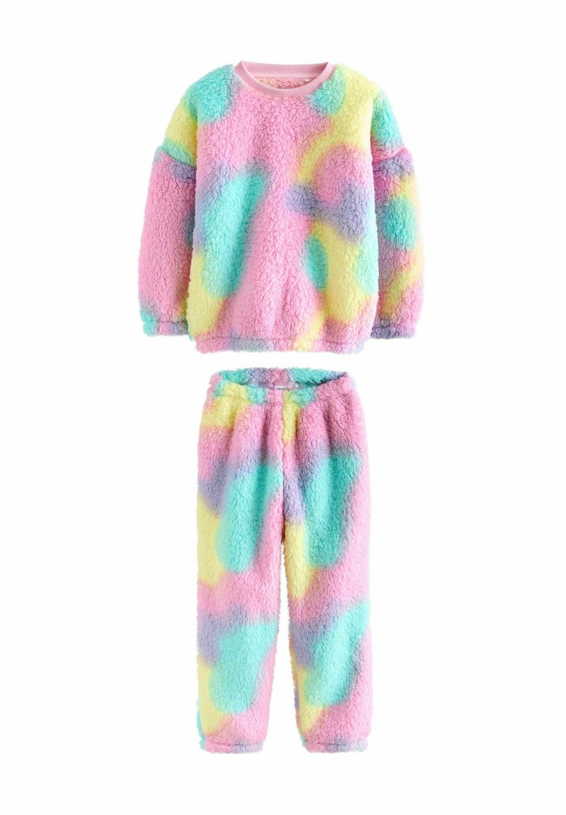 Set di abbigliamento loungewear colorato e morbido con un motivo astratto pastello nei toni di rosa, blu, giallo e verde; texture del tessuto morbida.