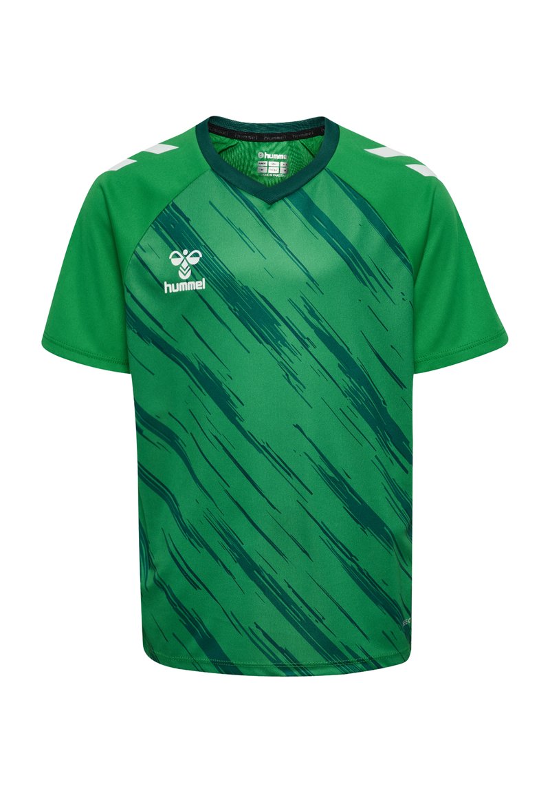 Grön sporttröja av lättviktig tyg med V-ringning, korta ärmar och ett dynamiskt penseldragsmönster i mörkare grönt.