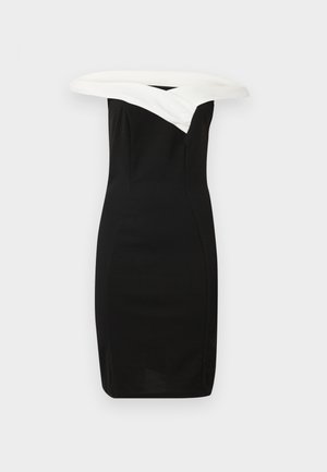 Sort tætsiddende kjole med en hvid off-the-shoulder krave, strømlinet design og glat tekstur, der fremhæver en moderne silhuet.
