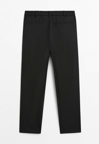 Black straight-leg trousers with an elastic waistband, belt loops, and two back welt pockets on a white background.