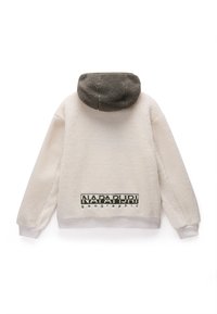 Fleece hettejakke i kremfarge med en teksturert overflate. Har mørkegrønn hette og merke-logo i svart på baksiden. Ribbestrikket kant nederst og ved ermene.