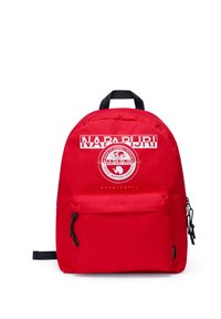 Zaino in nylon rosso di forma arrotondata, dotato di una tasca frontale, stampa del logo e dettagli della zip neri. Inclusa una maniglia superiore rinforzata.