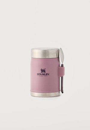 Bocal alimentaire sous vide en acier inoxydable rose avec couvercle argenté, cuillère pliante attachée et logo "Stanley" à l'avant.