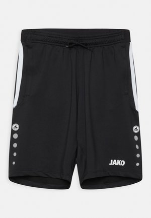 Shorts de sport noirs en tissu léger avec une taille élastique, cordon de serrage, poches latérales et accents blancs sur les côtés.