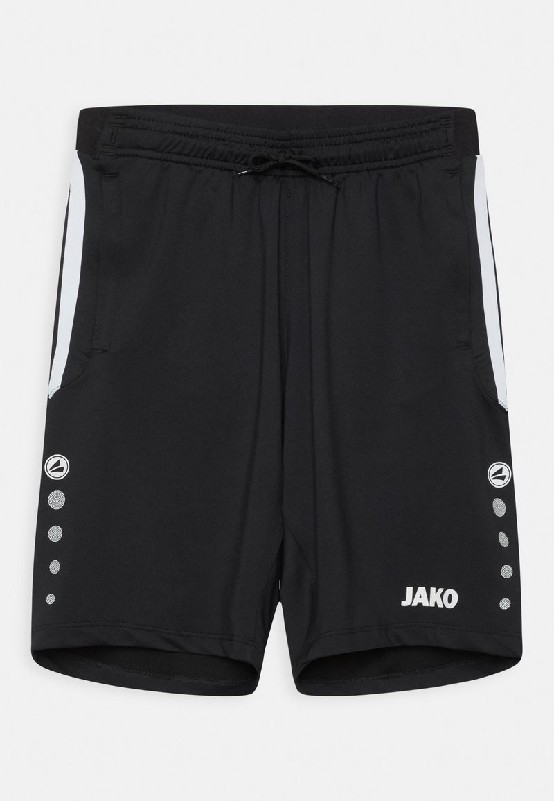 Schwarze Sportshorts aus leichtem Material mit elastischem Bund, Kordelzug, Seitentaschen und weißen Akzenten an den Seiten.