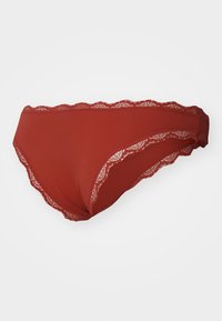 Red lace-trimmed bikini underwear with a smooth fabric, featuring scalloped edges and a mid-rise design.