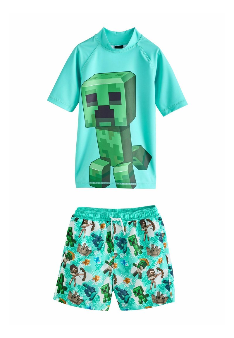 Turkoosi uimapukusetti, jossa on lyhythihainen paita, jossa on vihreä Creeper-graafiikka, sekä yhteensopivat shortsit, joissa on Minecraft-hahmojen printtejä.