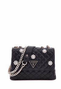 Borsa a tracolla nera trapuntata realizzata in materiale sintetico, con una tracolla in catena metallica, dettagli in strass floreali e un logo triangolare.