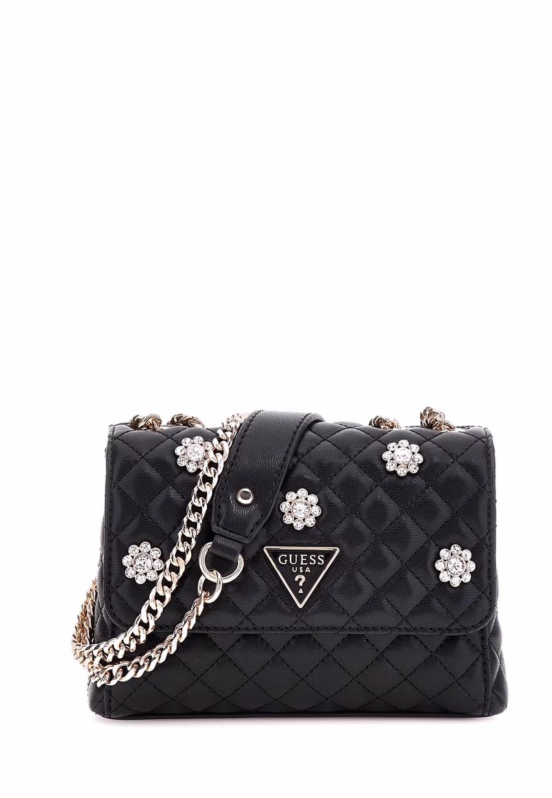 Borsa a tracolla nera trapuntata realizzata in materiale sintetico, con una tracolla in catena metallica, dettagli in strass floreali e un logo triangolare.