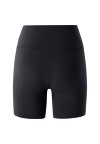 Sorte atletiske shorts med en høj talje, lavet af strækbart stof. Har en glat tekstur og minimalistisk design, ingen synlige logoer.