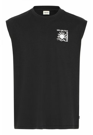 Črna brezrokavnica iz bombaža z okroglim izrezom. Ima bel grafični tisk sonca in valov, ki se nahaja na levem delu prsnega koša.