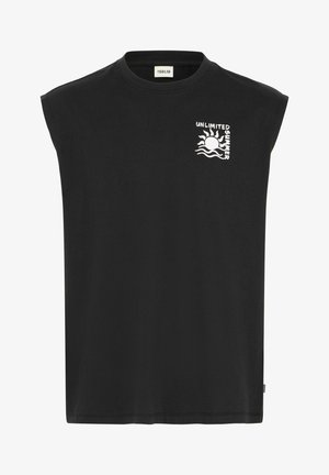 Črna brezrokavnica iz bombaža z okroglim izrezom. Ima bel grafični tisk sonca in valov, ki se nahaja na levem delu prsnega koša.