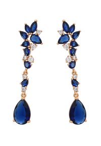 Cercei din pietre prețioase albastre cu un design în cascade, având forme de lacrima și marquise, montați în aur roz cu accente de diamante.