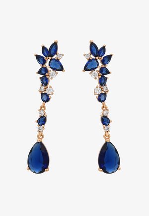 Blaue Edelstein-Ohrhänger mit einem kaskadierenden Design aus Tropfen- und Marquiseformen, in Roségold mit Diamantakzenten gefasst.