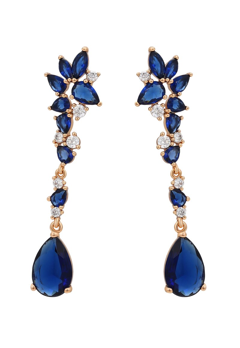 Cercei din pietre prețioase albastre cu un design în cascade, având forme de lacrima și marquise, montați în aur roz cu accente de diamante.