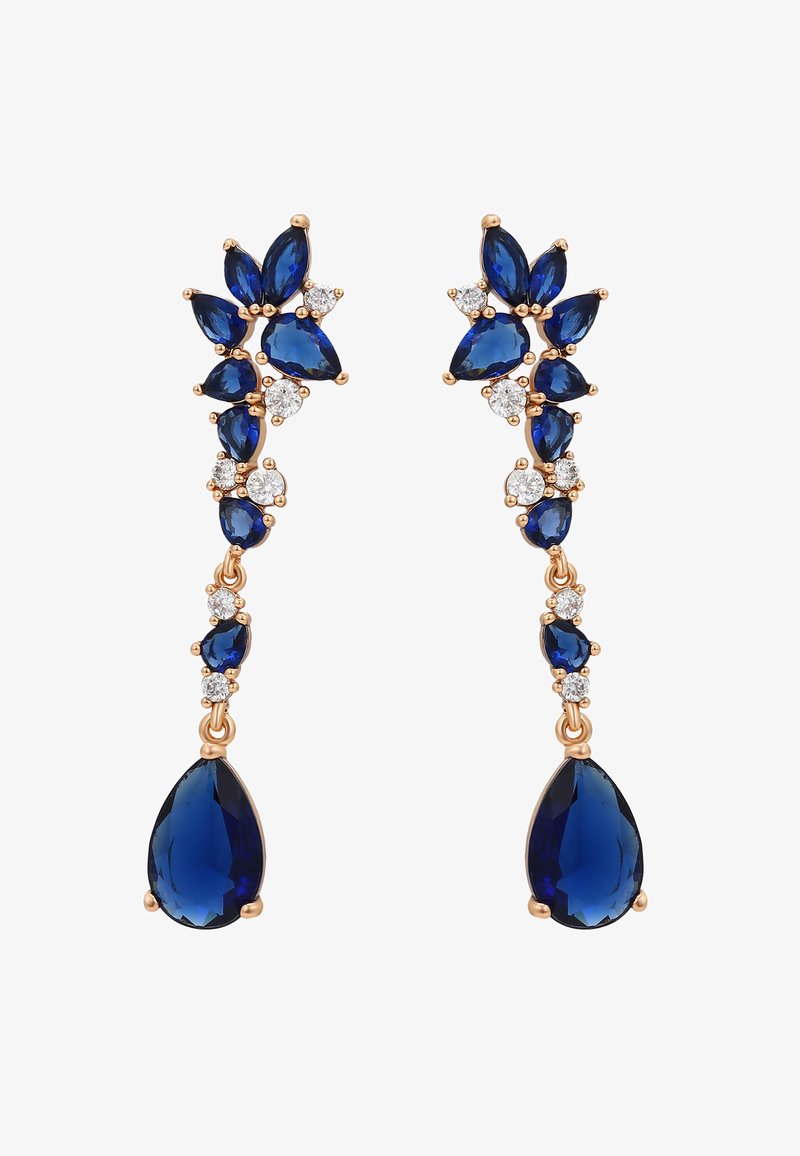 Cercei din pietre prețioase albastre cu un design în cascade, având forme de lacrima și marquise, montați în aur roz cu accente de diamante.