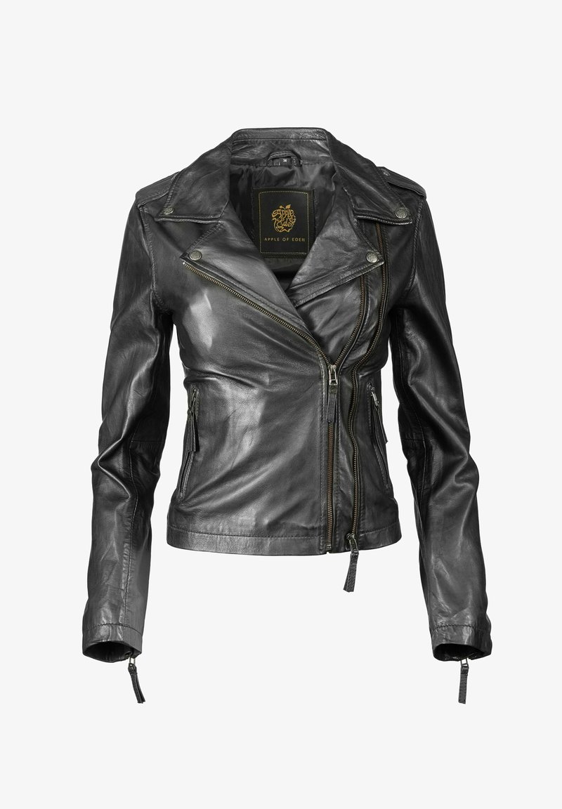 Must must nahkjope, millel on asümmeetriline esivõrgu, õlavarrele epauletid ja tõmblukuga taskud. Tekstuuriga viimistlus ja kitsas sobivus.