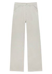 Pantalons larges gris clair en coton doux. Comprend des poches avant, des passants de ceinture et une texture lisse sans motifs visibles.