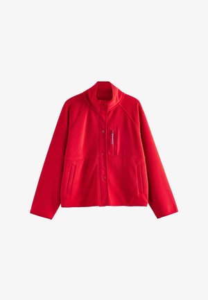 Red fleece jacket with a high collar, snap buttons, two side pockets, and a chest pocket featuring a zipper. Soft texture, casual design.