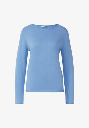 Lichtblauwe lange mouw sweater met een ronde halslijn, gemaakt van zachte brei stof, met een gladde textuur en een eenvoudig ontwerp.